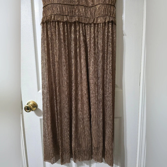 Taylor [Anthropologie] Gold Metallic Ruffle Stretch Waist Formal Midi Dress, EUC - Picture 3 of 13